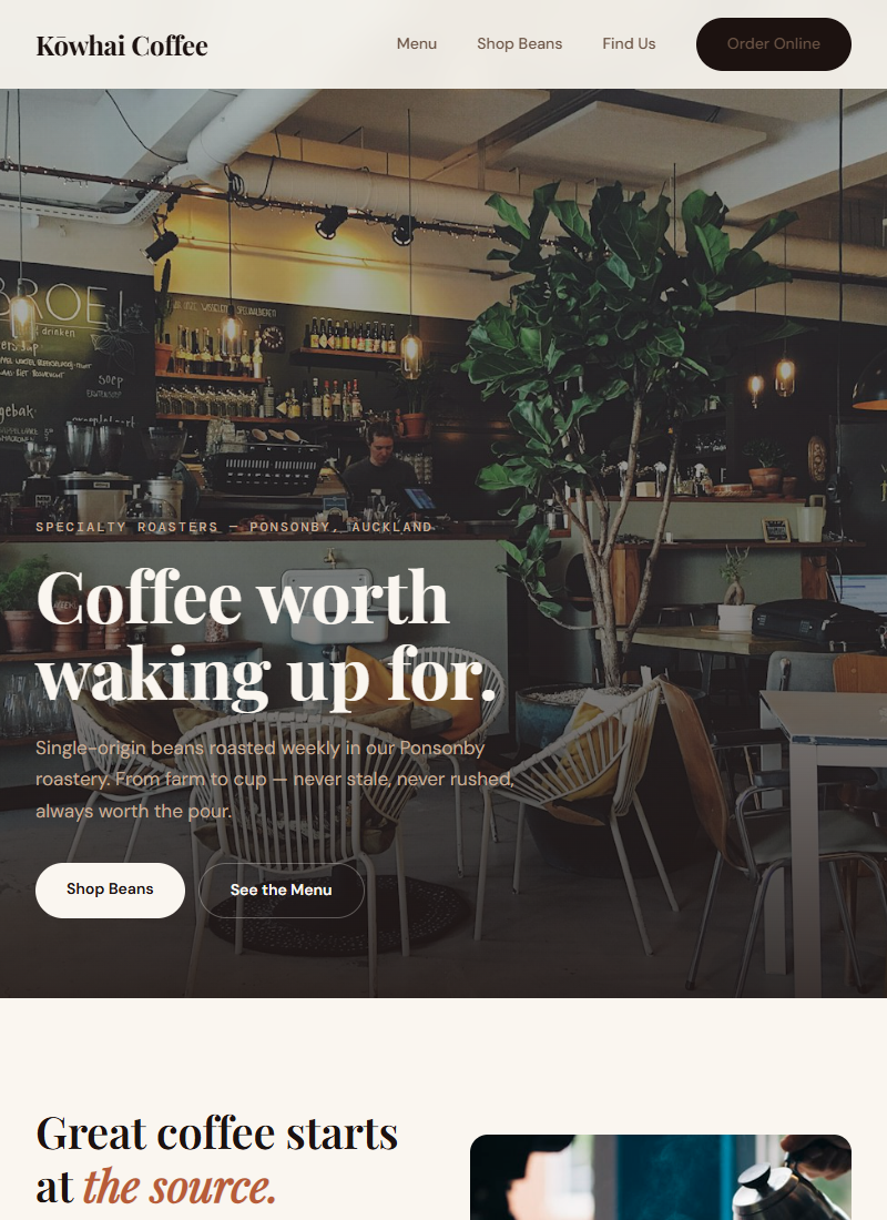 Kōwhai Coffee — warm, editorial specialty coffee website