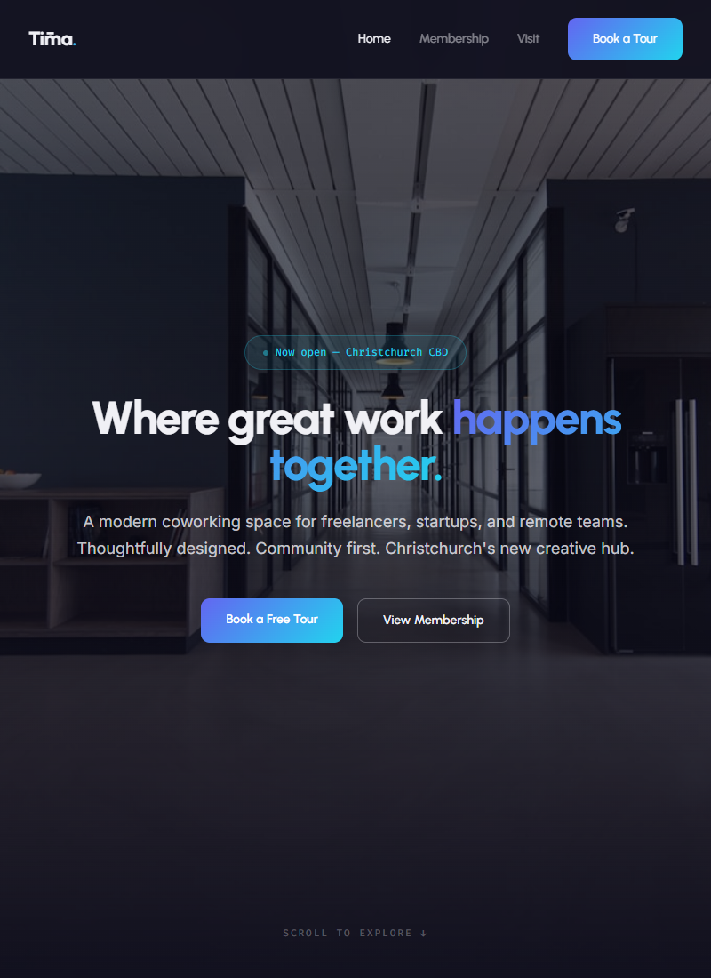 Tīma Studio — modern dark coworking space website
